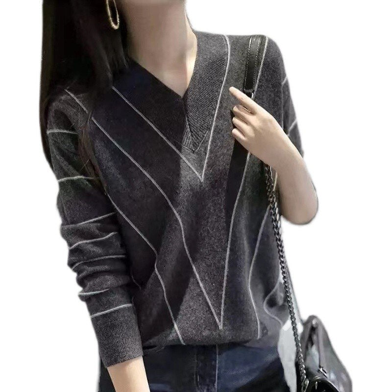 Western style stripe knit woolen sweater woman autumn winter V neck - Executive-Skincare