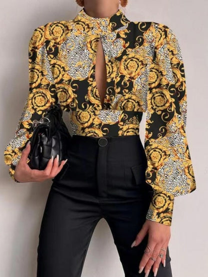 Women Sexy Backless Hollow Print Shirts Tops 2022 Spring  Casual Stand