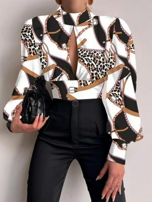 Women Sexy Backless Hollow Print Shirts Tops 2022 Spring  Casual Stand