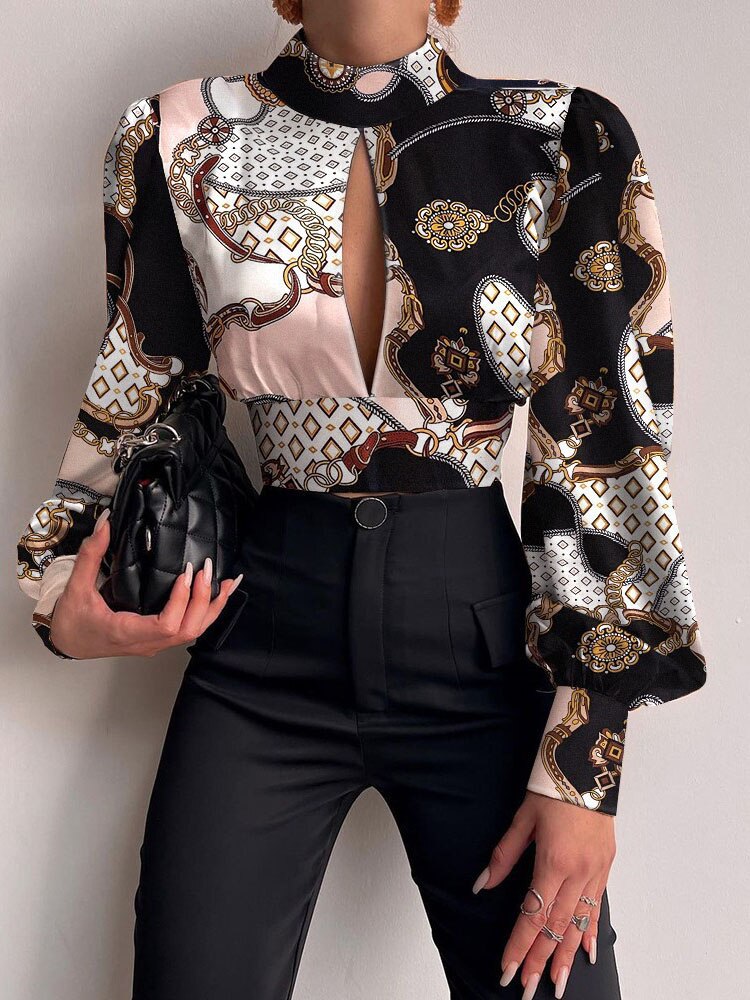 Women Sexy Backless Hollow Print Shirts Tops 2022 Spring  Casual Stand