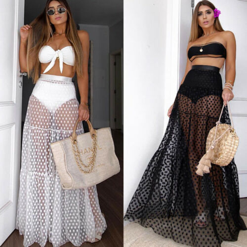 Women Sexy Long Skirt High Waist Dot Skirt Summer Transparent Long - Executive-Skincare