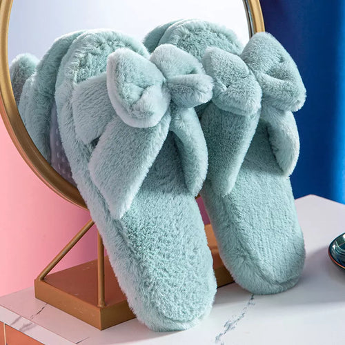Women Slippers Winter Soft Bow Open Toe Home Cotton Shoes - Executive-Skincare