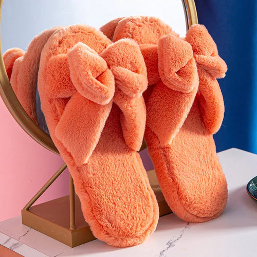 Women Slippers Winter Soft Bow Open Toe Home Cotton Shoes - Executive-Skincare