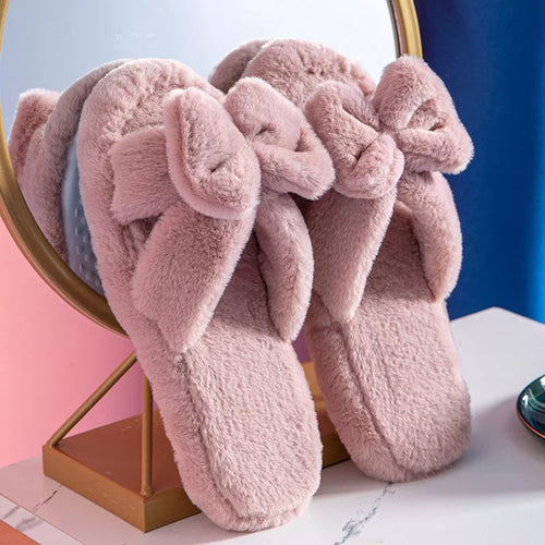 Women Slippers Winter Soft Bow Open Toe Home Cotton Shoes - Executive-Skincare
