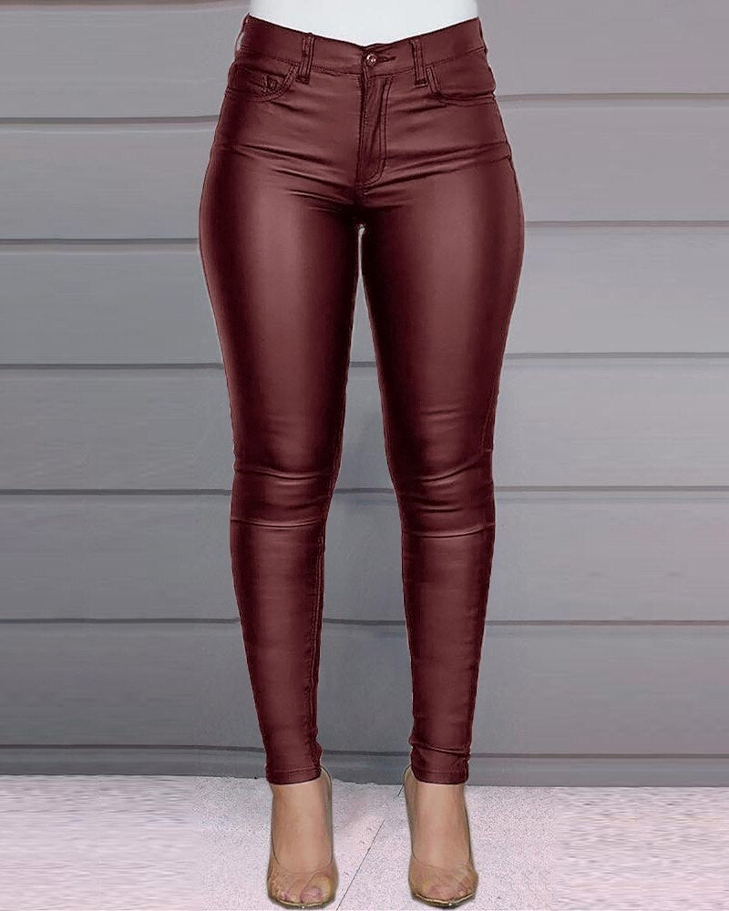 Women's Slim Pencil Pants Casual Buttoned Solid Coated Pu Pants - - Executive-Skincare