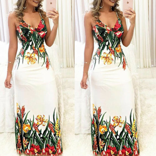 Women's Summer Beach Maxi Boho Floral Dress Sexy Strappy V Neck - Executive-Skincare