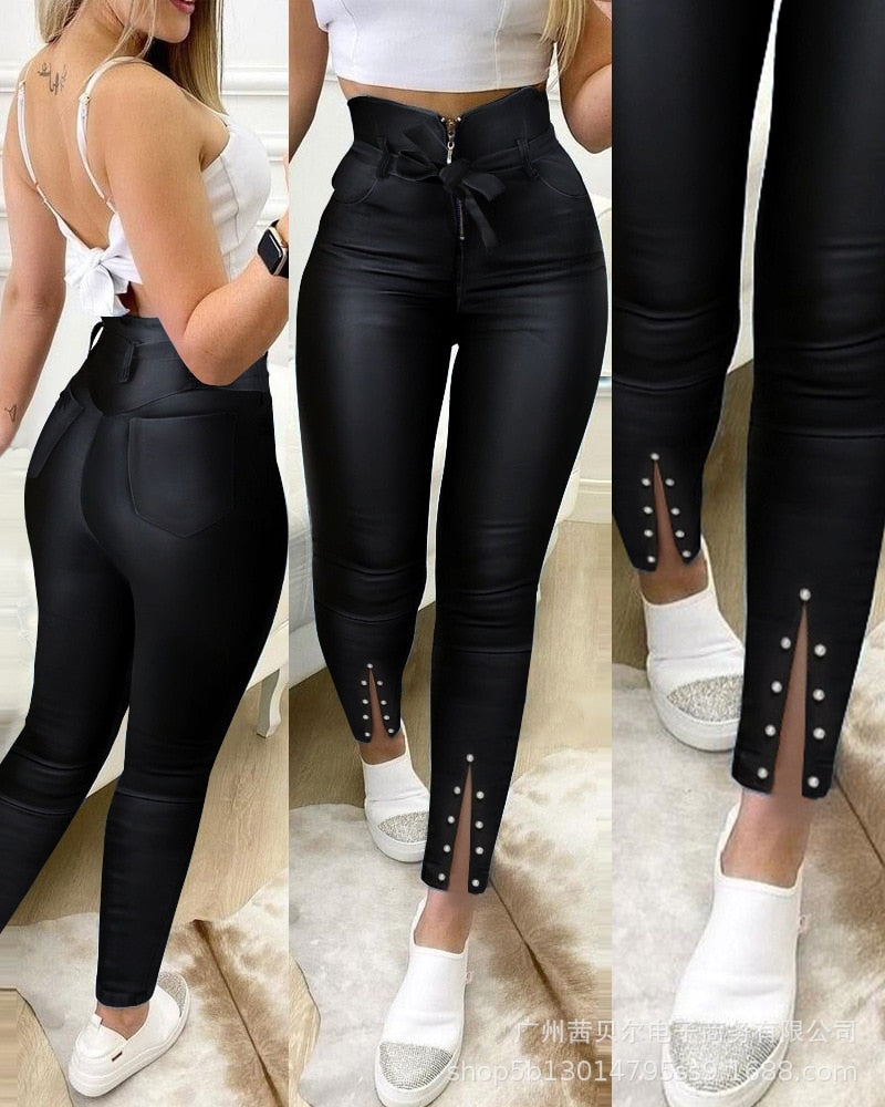 Women's solid color high waist leather pants sexy beaded leather pants - Executive-Skincare