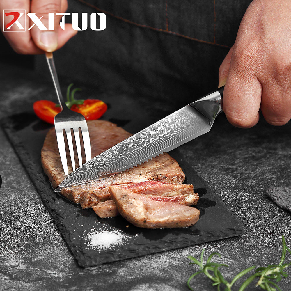 XITUO Damascus steel steak knife g10 handle knife set home dinner - Executive-Skincare