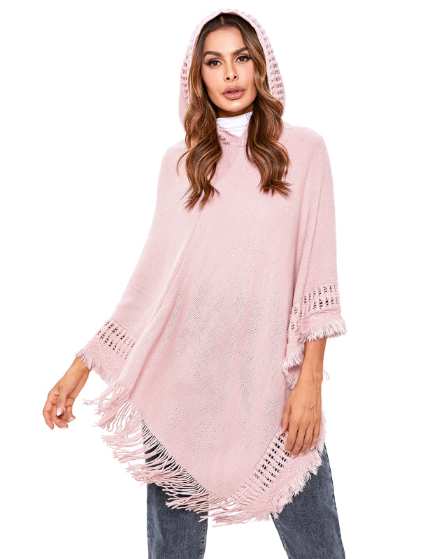 Women's Ethnic Fringe Hooded Knit Cape Shawl - Executive-Skincare