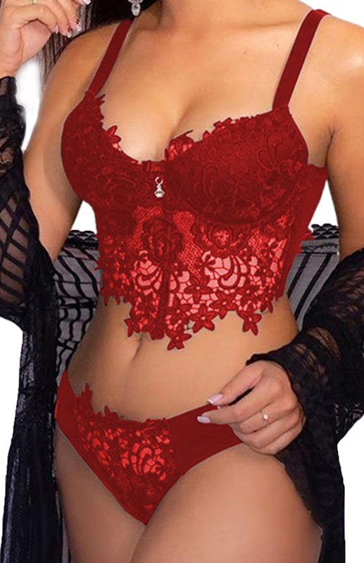 Spaghetti Straps Crochet Lace Hollow Out Bra Thong Lingerie Set - Executive-Skincare