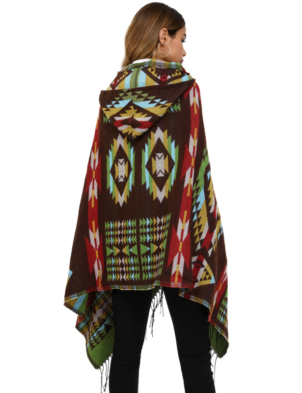 Women's Ethnic Fringe Hooded Knit Cape Shawl - Executive-Skincare