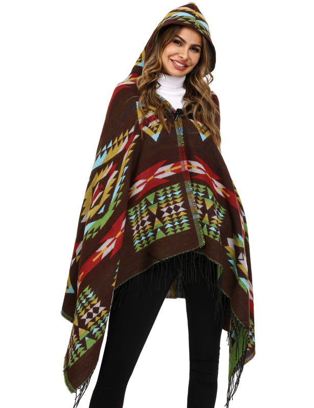 Women's Ethnic Fringe Hooded Knit Cape Shawl - Executive-Skincare