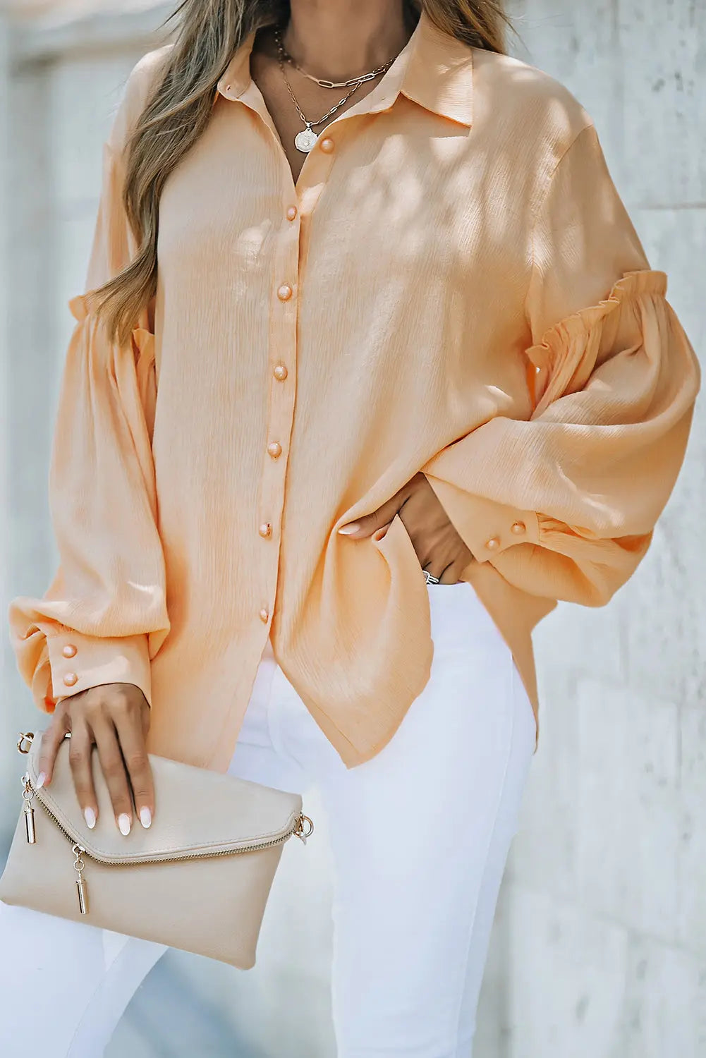 Button Front Bubble Sleeve Frill Trim Blouse - Executive-Skincare