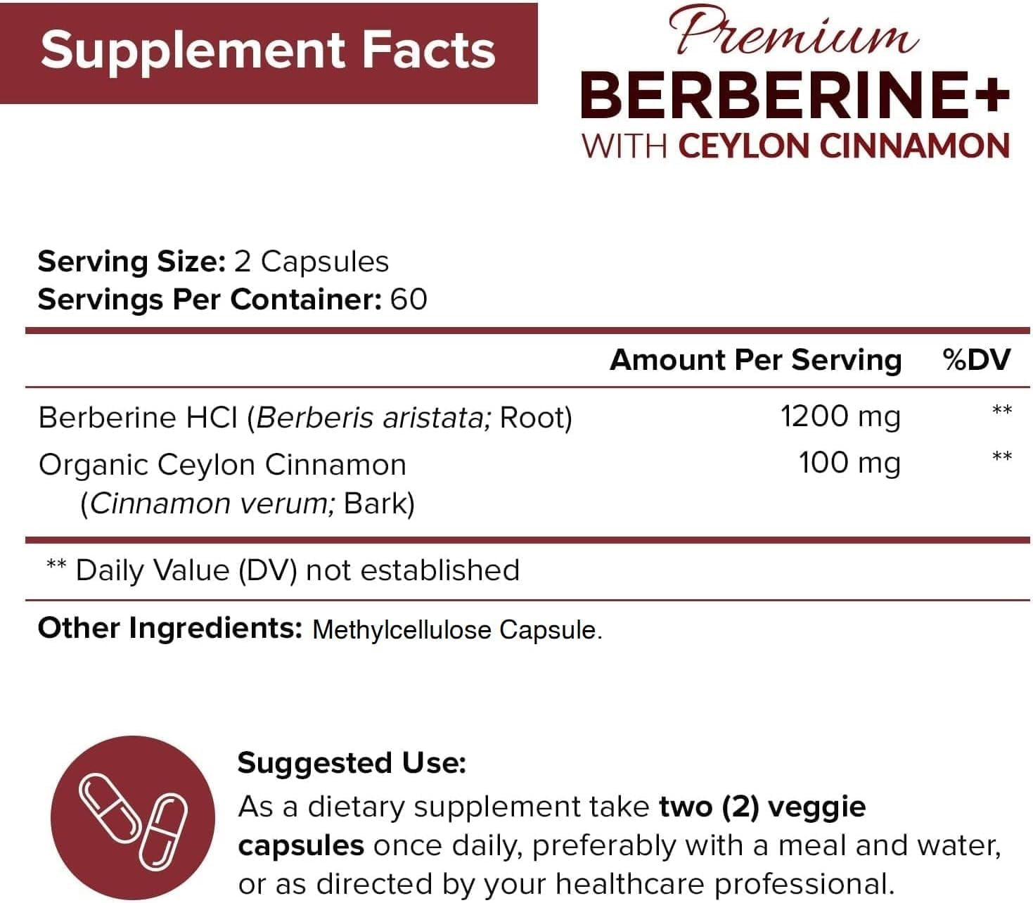 Premium Berberine HCL 1200Mg, 120 Capsules - plus Pure True Ceylon Cinnamon, Berberine HCI Root Supplements Pills - Supports Glucose Metabolism, Immune System, Healthy Weight Management