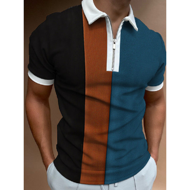 Short Sleeve POLO Shirt Casual Striped Plaid Print Zip Sweatshirt - Executive-Skincare