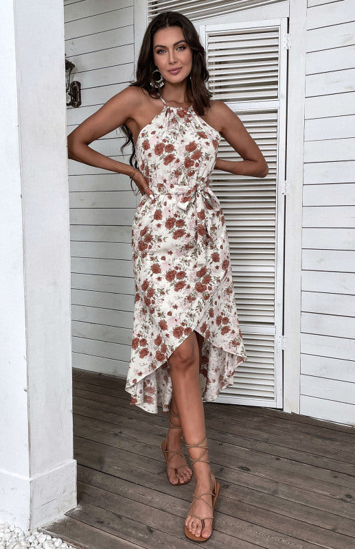 Women's Seaside Resort Slip Dress Halter Floral Print White Dress - Executive-Skincare