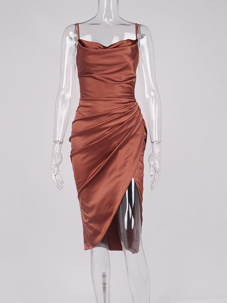 Midi Satin Dress Split Adjustable Strap - Executive-Skincare