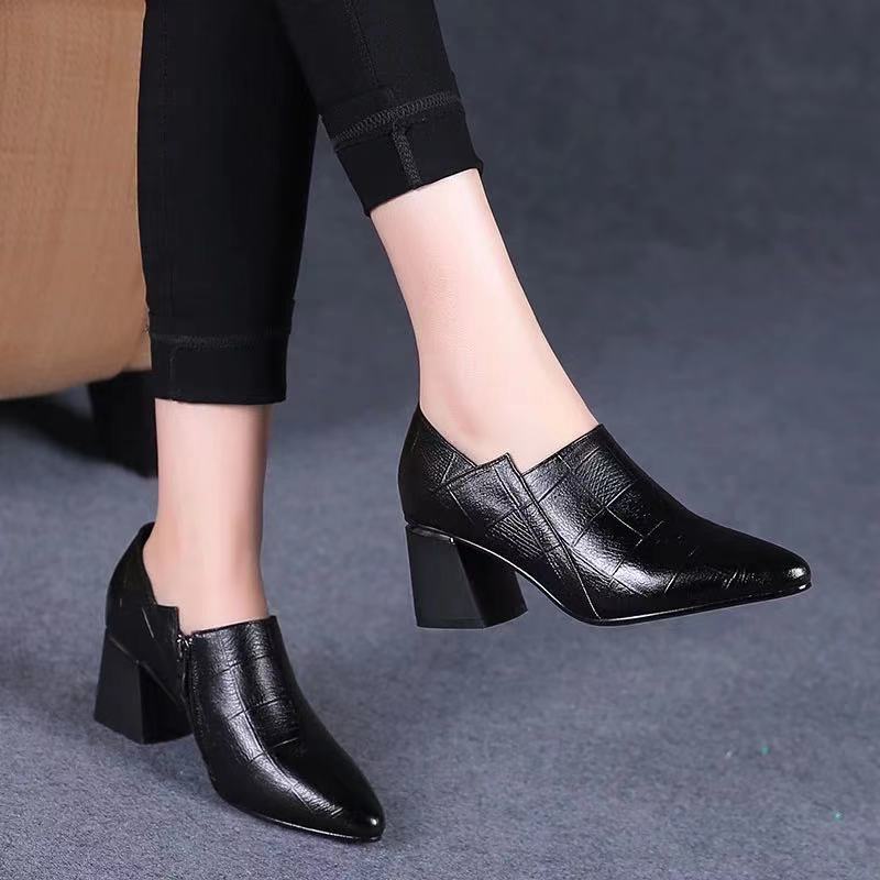 Fashion All-match Soft Leather Mid-heel High Heels - Executive-Skincare