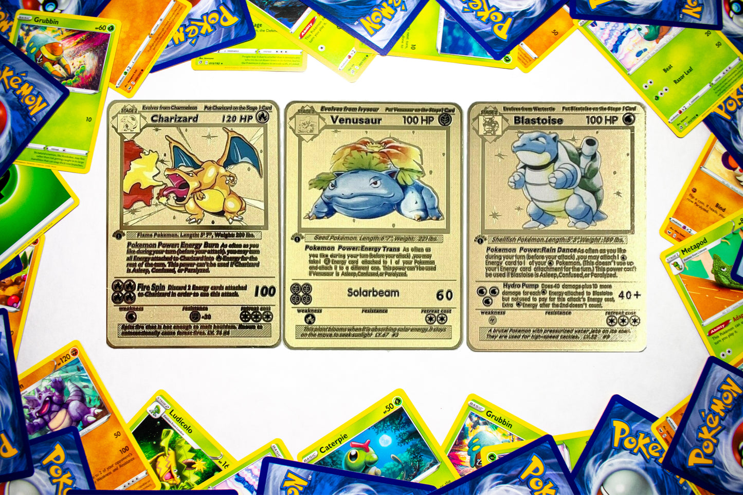 Metal Pokemon Cards Charizard Blastoise Venusaur Base Set Gold - Executive-Skincare