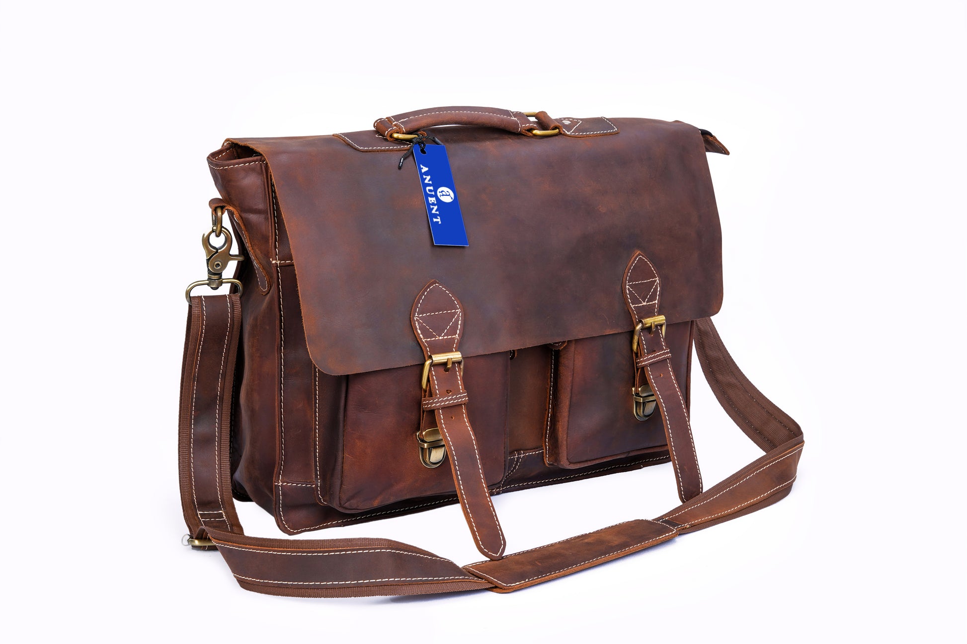 Anuent Handmade Brown Leather Laptop Bag With 2 Pockets. - Executive-Skincare