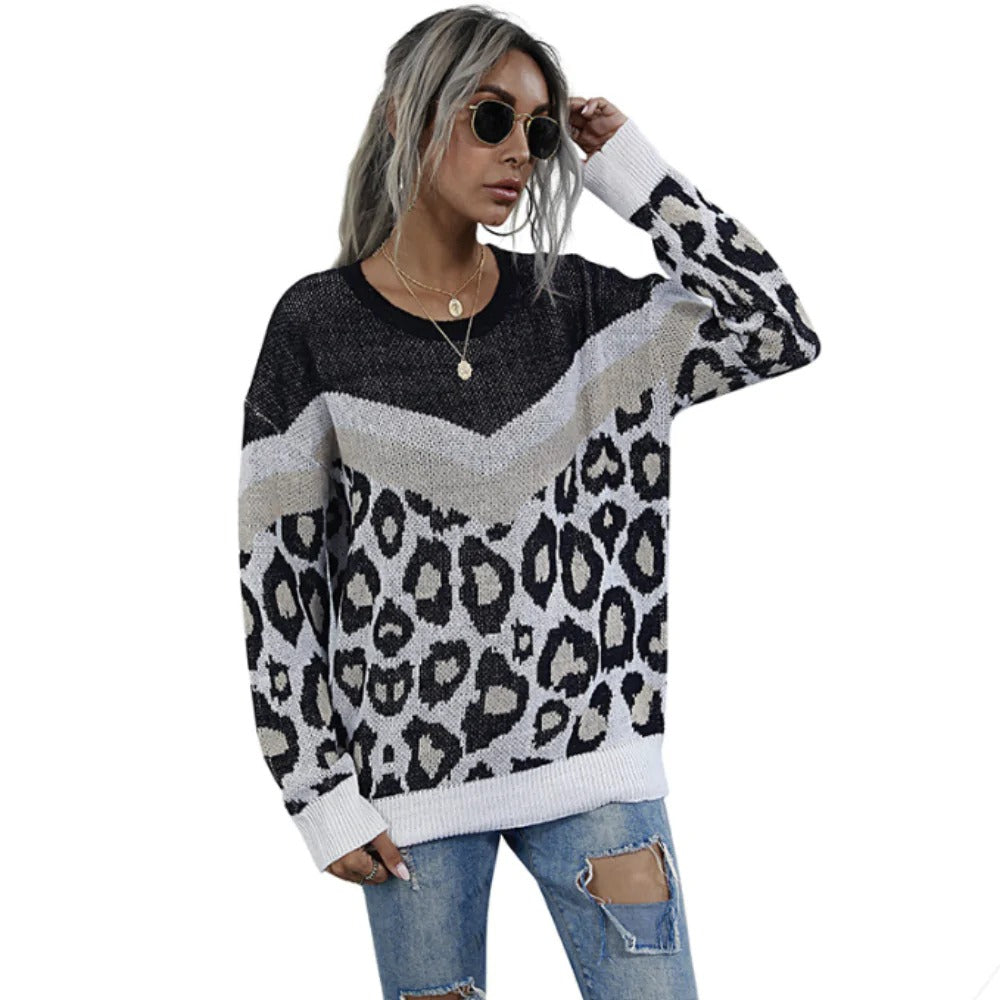 Womens Leopard Print Round Neck Sweater - Executive-Skincare