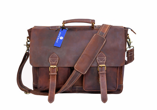 Anuent Handmade Brown Leather Laptop Bag With 2 Pockets. - Executive-Skincare