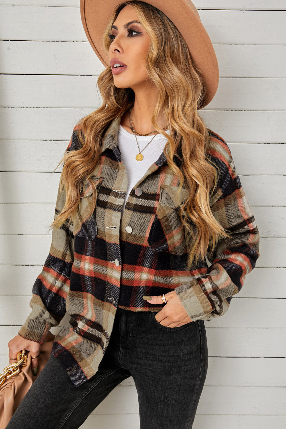 Plaid Pocketed Button Down Shacket - Executive-Skincare