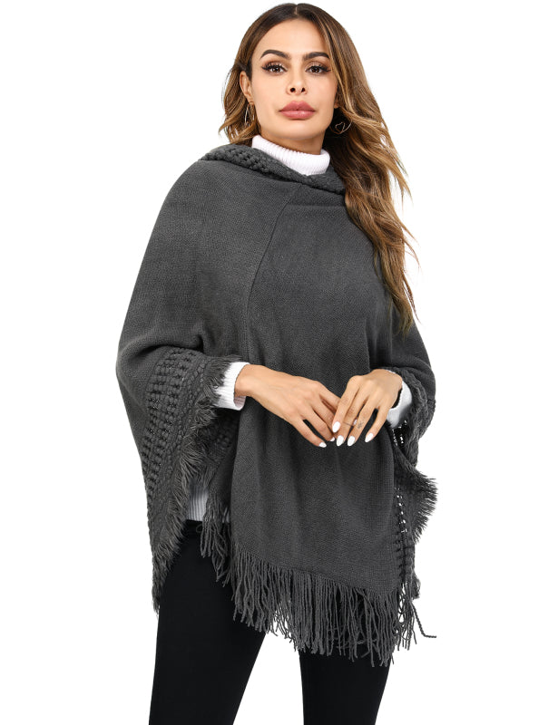 Women's Ethnic Fringe Hooded Knit Cape Shawl - Executive-Skincare