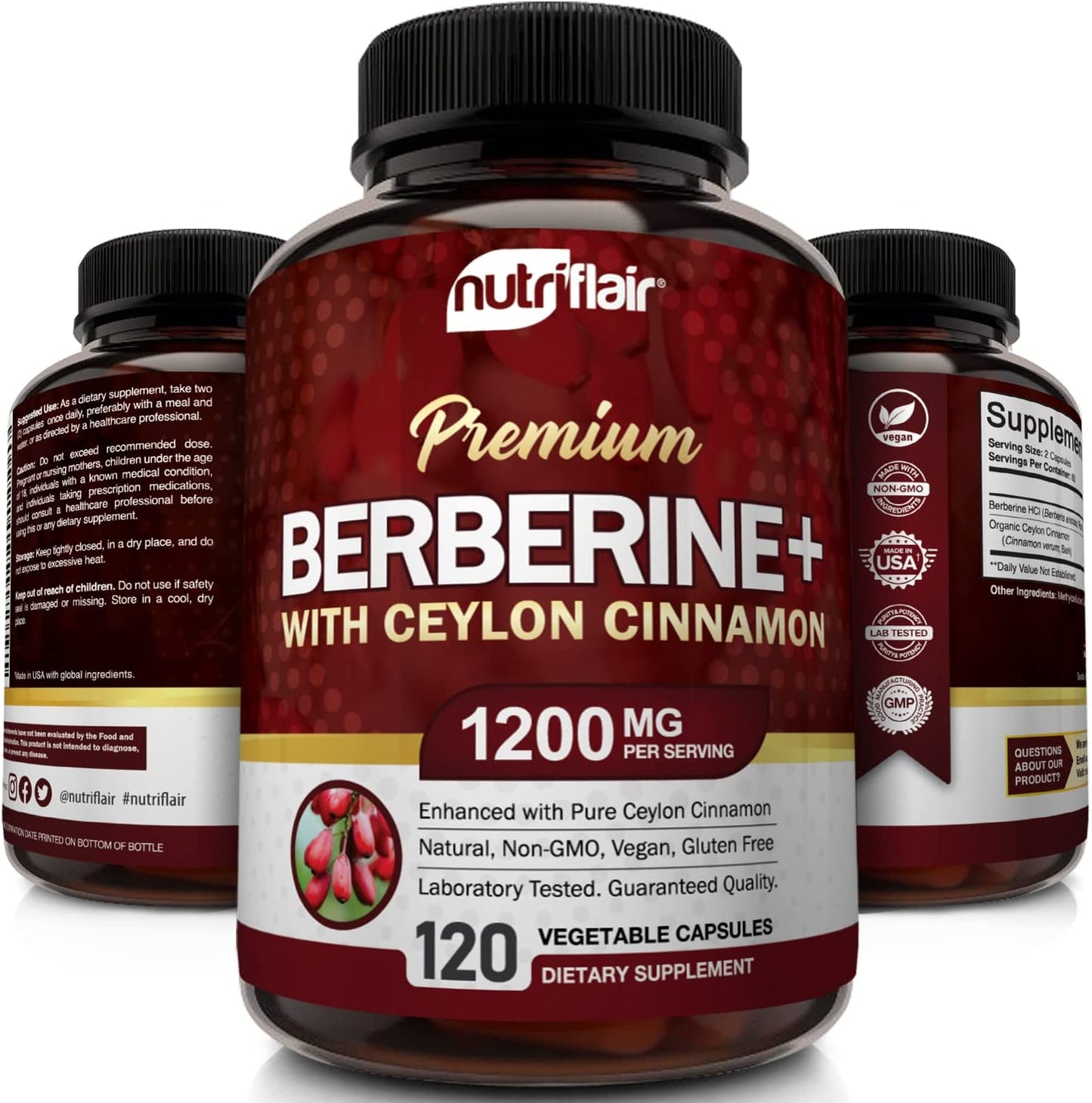 Premium Berberine HCL 1200Mg, 120 Capsules - plus Pure True Ceylon Cinnamon, Berberine HCI Root Supplements Pills - Supports Glucose Metabolism, Immune System, Healthy Weight Management