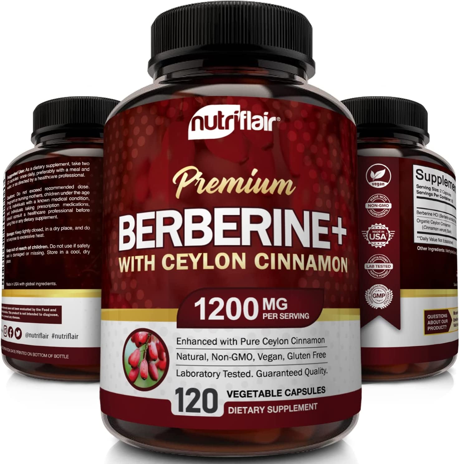 Premium Berberine HCL 1200Mg, 120 Capsules - plus Pure True Ceylon Cinnamon, Berberine HCI Root Supplements Pills - Supports Glucose Metabolism, Immune System, Healthy Weight Management