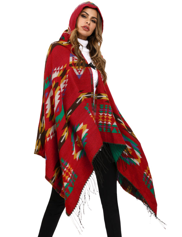 Women's Ethnic Fringe Hooded Knit Cape Shawl - Executive-Skincare