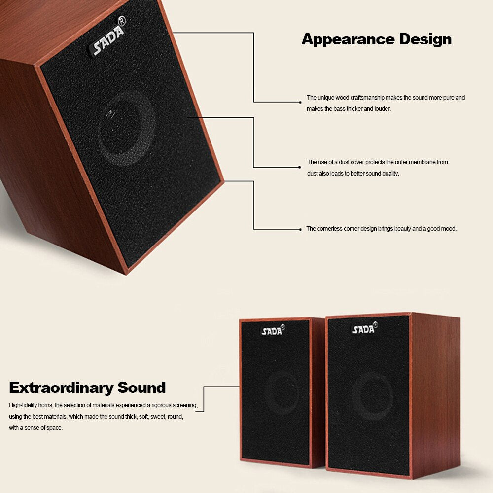 SADA V-160 Speakers USB Wired Wooden Combination Speakers Bass Stereo Music Player Subwoofer Sound Box for Computer Smart Phone