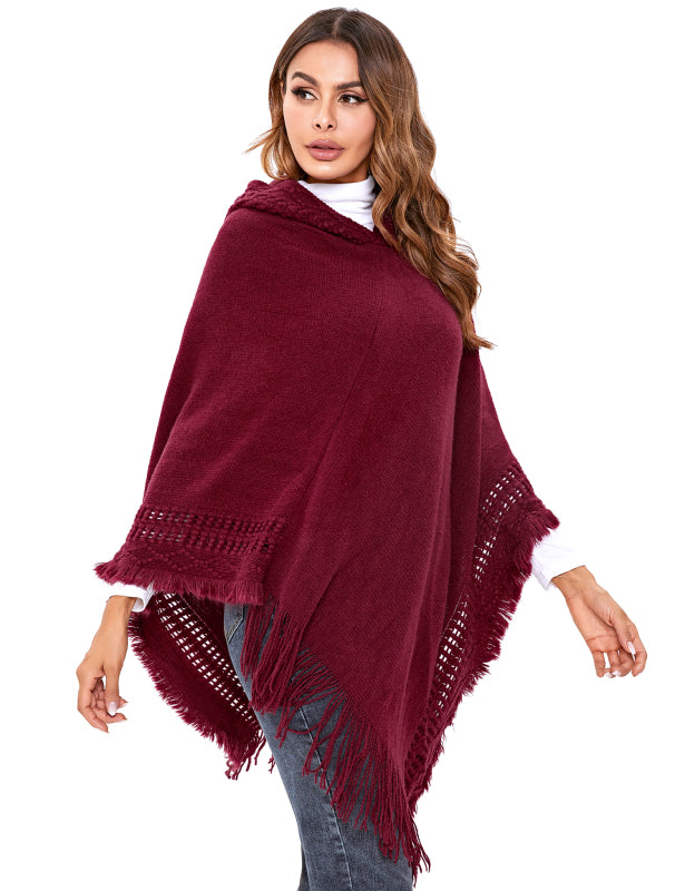 Women's Ethnic Fringe Hooded Knit Cape Shawl - Executive-Skincare