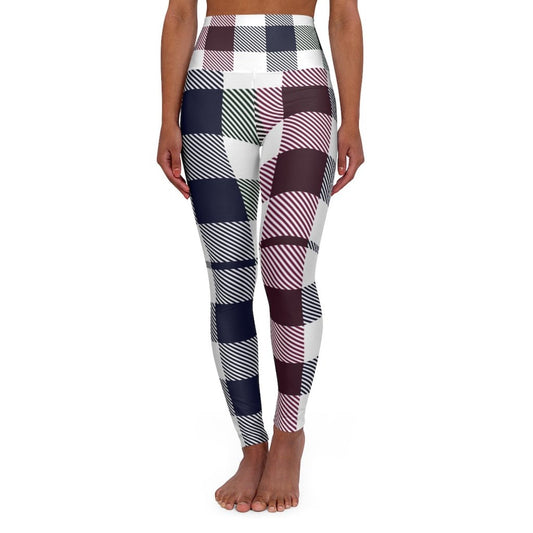 High Waisted Yoga Pants, Blue Burgundy Green And Black Plaid Style - Executive-Skincare