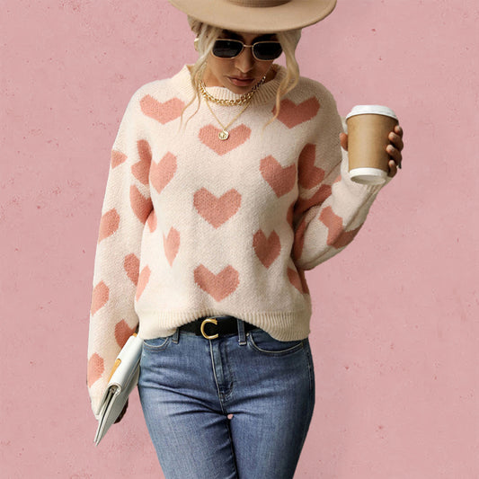 Knit Casual Heart Long Sleeve Pink Sweater - Executive-Skincare