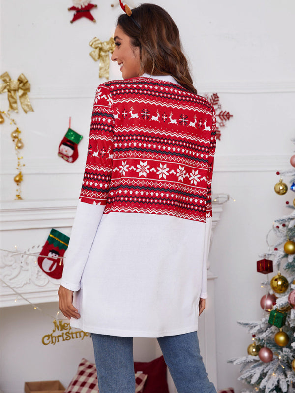 Women's loose color blocking Christmas print casual cardigan - Executive-Skincare