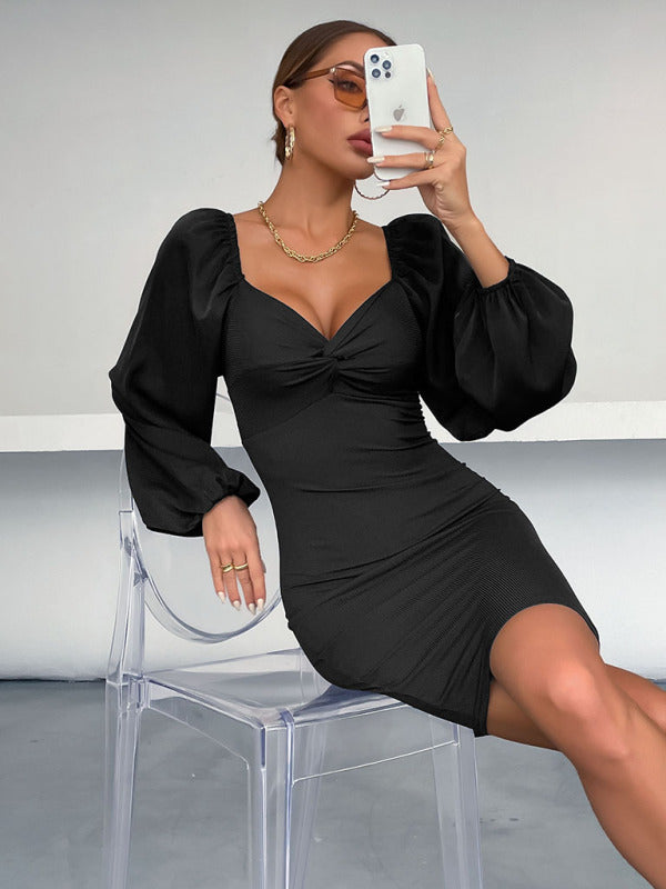 Women's long-sleeved v-neck package hip dress dress - Executive-Skincare