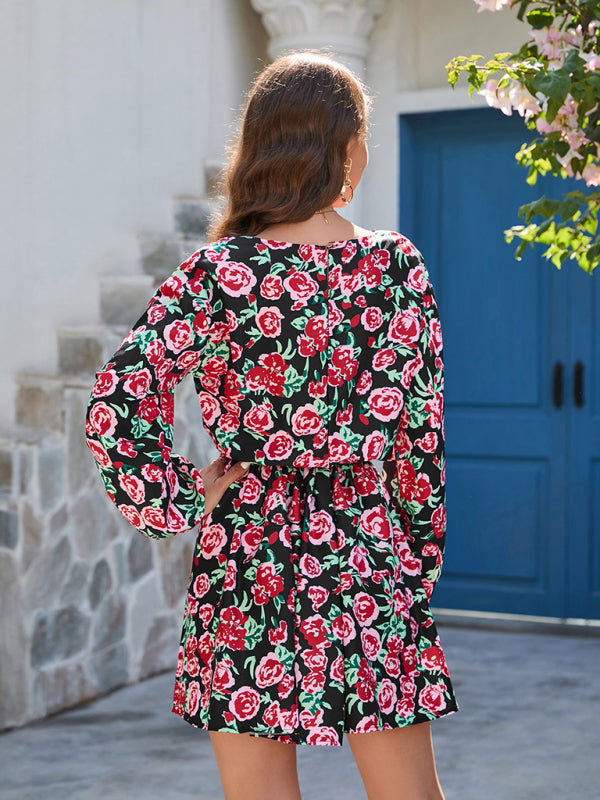 Women's floral print round neck long sleeve dress - Executive-Skincare