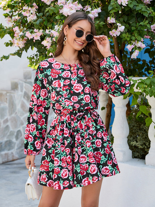 Women's floral print round neck long sleeve dress - Executive-Skincare