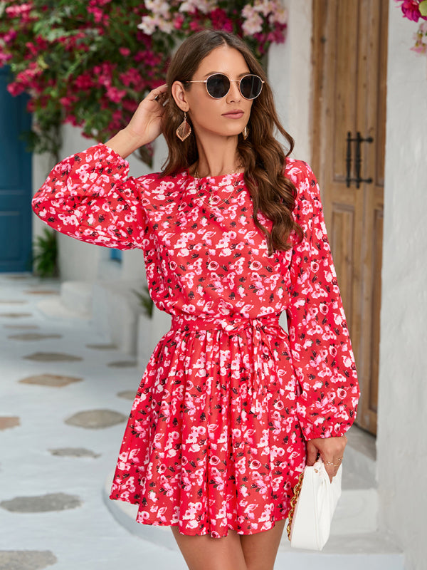 Women's floral print round neck long sleeve dress - Executive-Skincare
