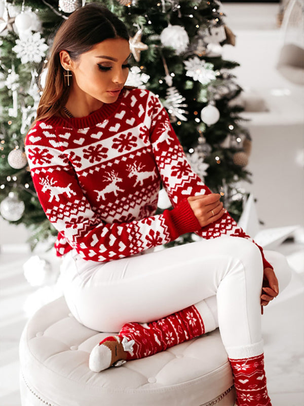 Women's Christmas Elk Long Sleeve Knit Sweater - Executive-Skincare