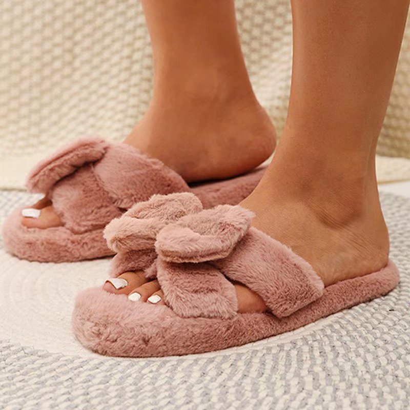 Women Slippers Winter Soft Bow Open Toe Home Cotton Shoes - Executive-Skincare