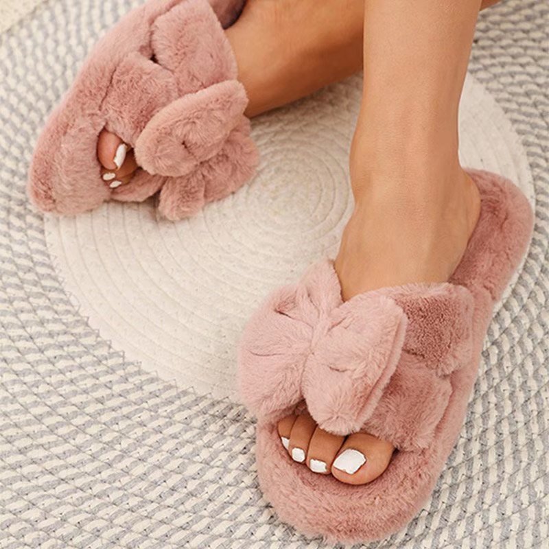 Women Slippers Winter Soft Bow Open Toe Home Cotton Shoes - Executive-Skincare