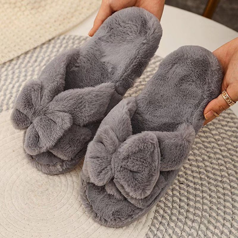 Women Slippers Winter Soft Bow Open Toe Home Cotton Shoes - Executive-Skincare